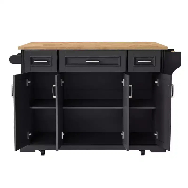 Îlot de cuisine Whisen 54 avec abattant en bois d'hévéa, chariot de cuisine texturé en relief sur roulettes avec rangements multiples