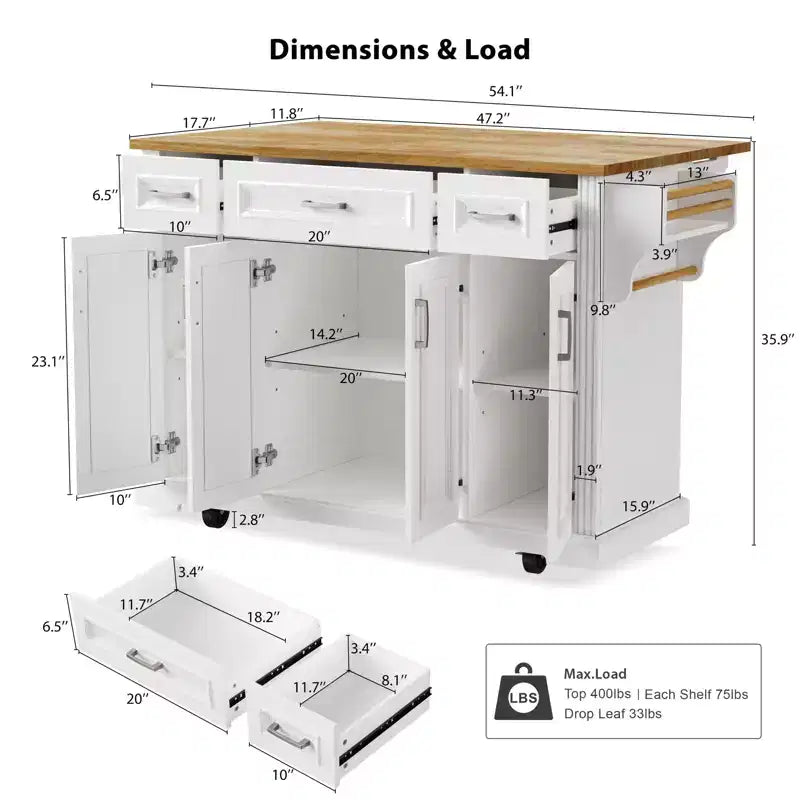 Îlot de cuisine Whisen 54 avec abattant en bois d'hévéa, chariot de cuisine texturé en relief sur roulettes avec rangements multiples