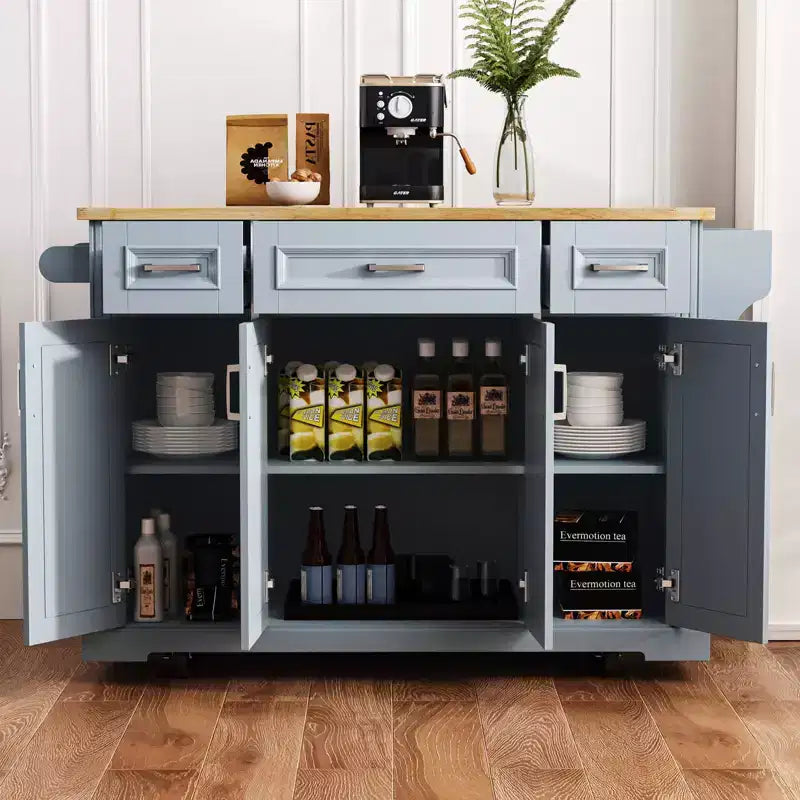 Îlot de cuisine Whisen 54 avec abattant en bois d'hévéa, chariot de cuisine texturé en relief sur roulettes avec rangements multiples