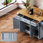 Îlot de cuisine Whisen 54 avec abattant en bois d'hévéa, chariot de cuisine texturé en relief sur roulettes avec rangements multiples