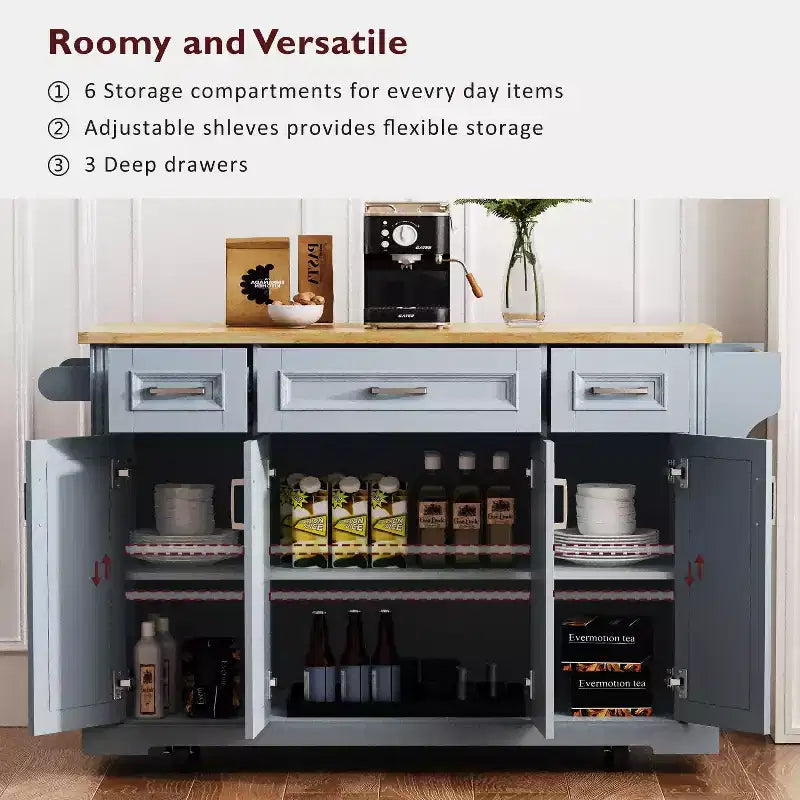 Îlot de cuisine Whisen 54 avec abattant en bois d'hévéa, chariot de cuisine texturé en relief sur roulettes avec rangements multiples