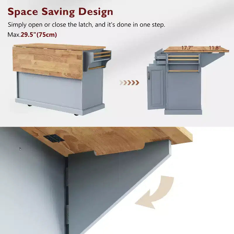 Îlot de cuisine Whisen 54 avec abattant en bois d'hévéa, chariot de cuisine texturé en relief sur roulettes avec rangements multiples