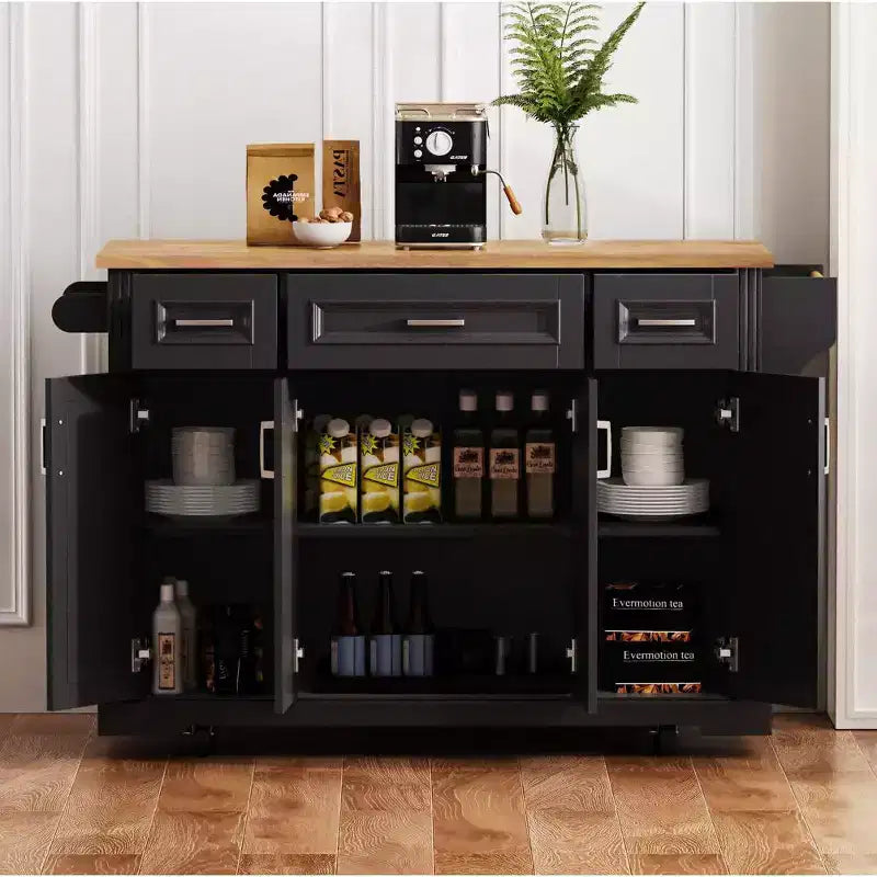 Îlot de cuisine Whisen 54 avec abattant en bois d'hévéa, chariot de cuisine texturé en relief sur roulettes avec rangements multiples
