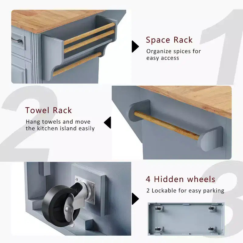 Îlot de cuisine Whisen 54 avec abattant en bois d'hévéa, chariot de cuisine texturé en relief sur roulettes avec rangements multiples