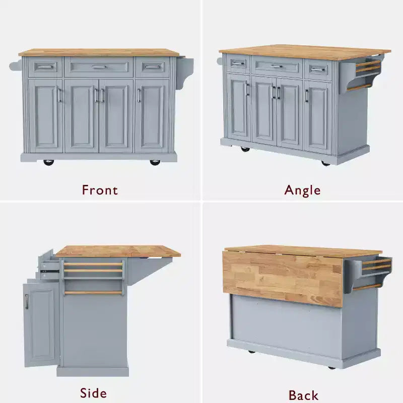 Îlot de cuisine Whisen 54 avec abattant en bois d'hévéa, chariot de cuisine texturé en relief sur roulettes avec rangements multiples