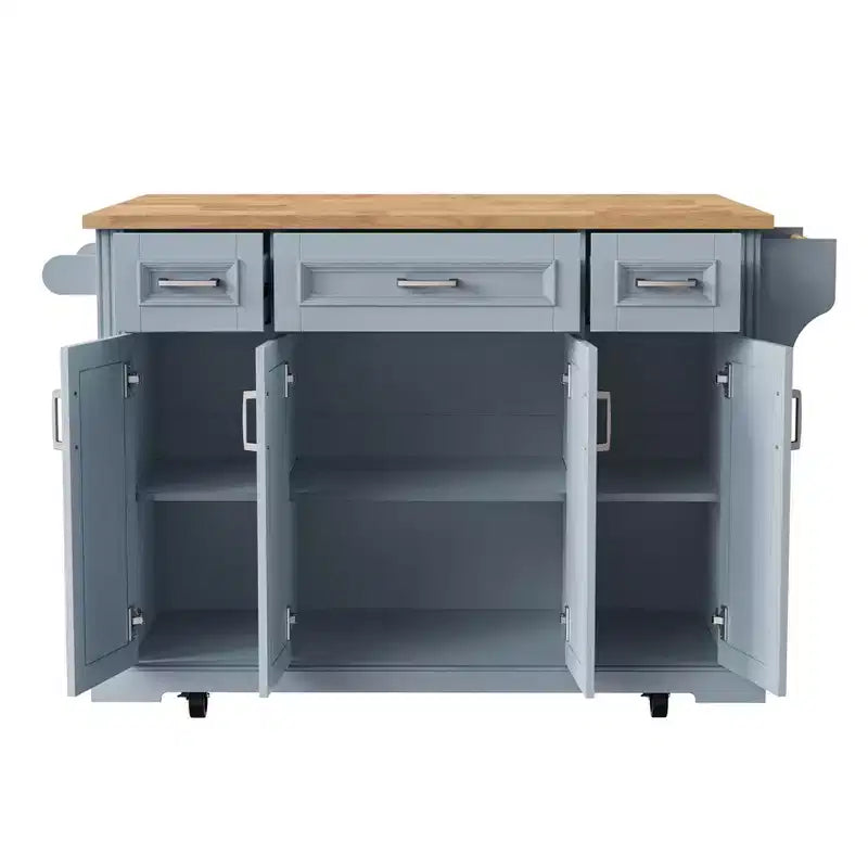 Îlot de cuisine Whisen 54 avec abattant en bois d'hévéa, chariot de cuisine texturé en relief sur roulettes avec rangements multiples