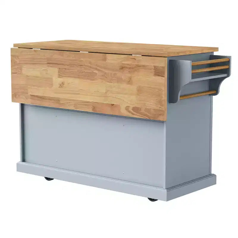 Îlot de cuisine Whisen 54 avec abattant en bois d'hévéa, chariot de cuisine texturé en relief sur roulettes avec rangements multiples