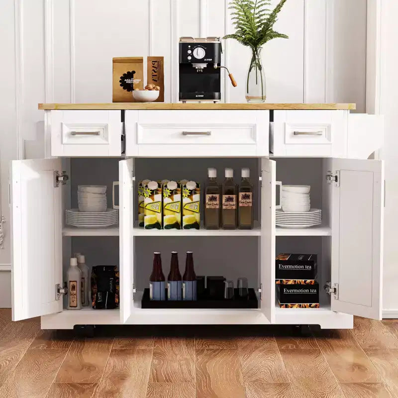 Îlot de cuisine Whisen 54 avec abattant en bois d'hévéa, chariot de cuisine texturé en relief sur roulettes avec rangements multiples