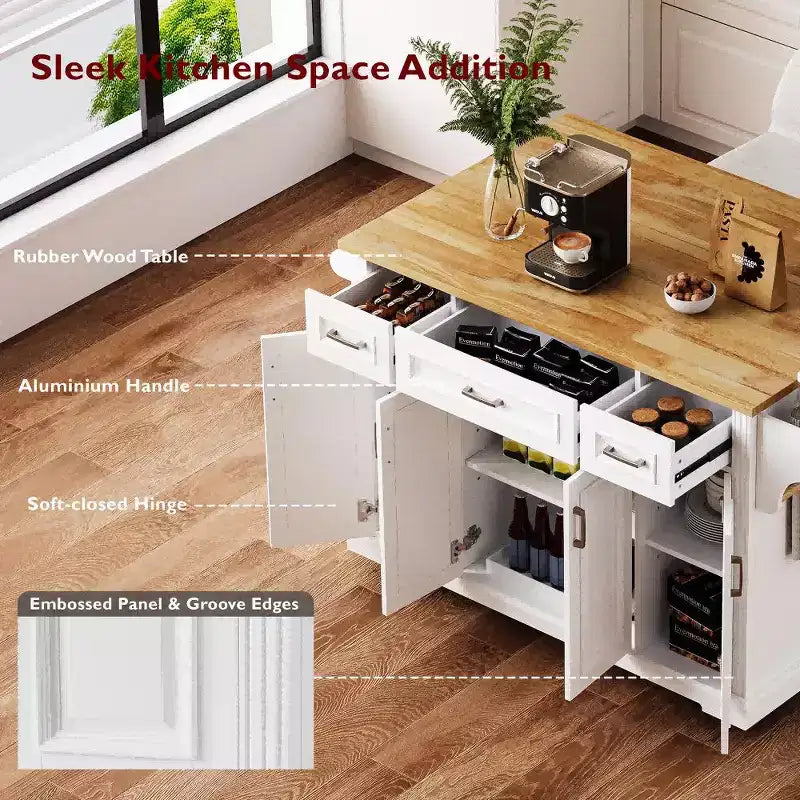 Îlot de cuisine Whisen 54 avec abattant en bois d'hévéa, chariot de cuisine texturé en relief sur roulettes avec rangements multiples