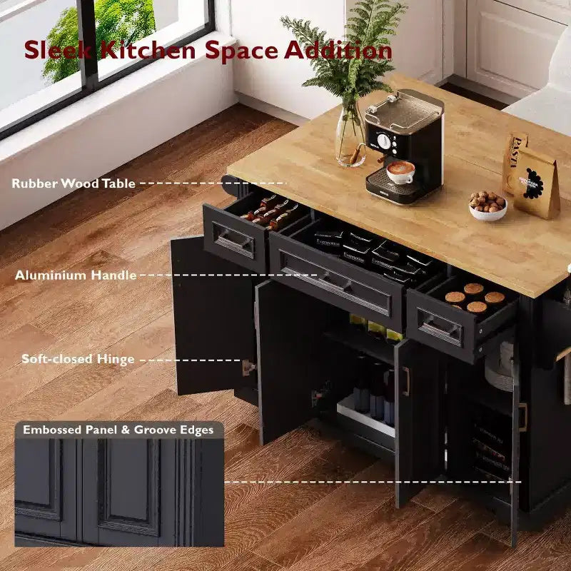 Îlot de cuisine Whisen 54 avec abattant en bois d'hévéa, chariot de cuisine texturé en relief sur roulettes avec rangements multiples