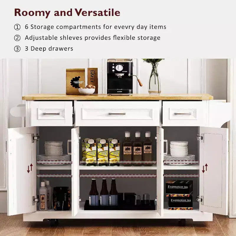 Îlot de cuisine Whisen 54 avec abattant en bois d'hévéa, chariot de cuisine texturé en relief sur roulettes avec rangements multiples