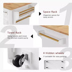 Îlot de cuisine Whisen 54 avec abattant en bois d'hévéa, chariot de cuisine texturé en relief sur roulettes avec rangements multiples