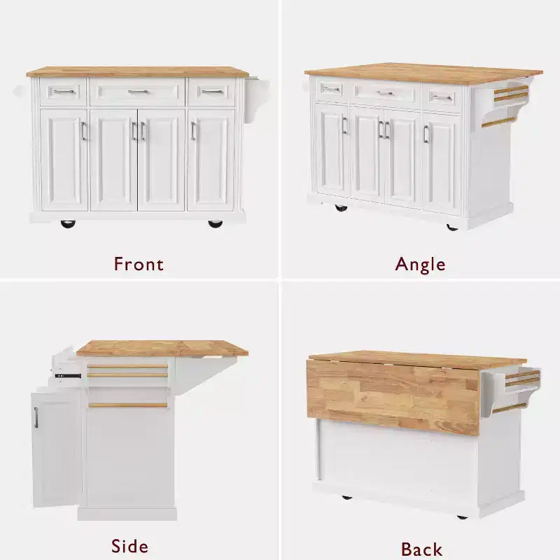 Îlot de cuisine Whisen 54 avec abattant en bois d'hévéa, chariot de cuisine texturé en relief sur roulettes avec rangements multiples