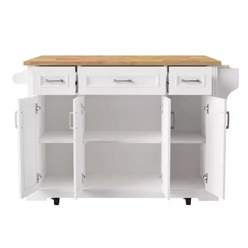 Îlot de cuisine Whisen 54 avec abattant en bois d'hévéa, chariot de cuisine texturé en relief sur roulettes avec rangements multiples