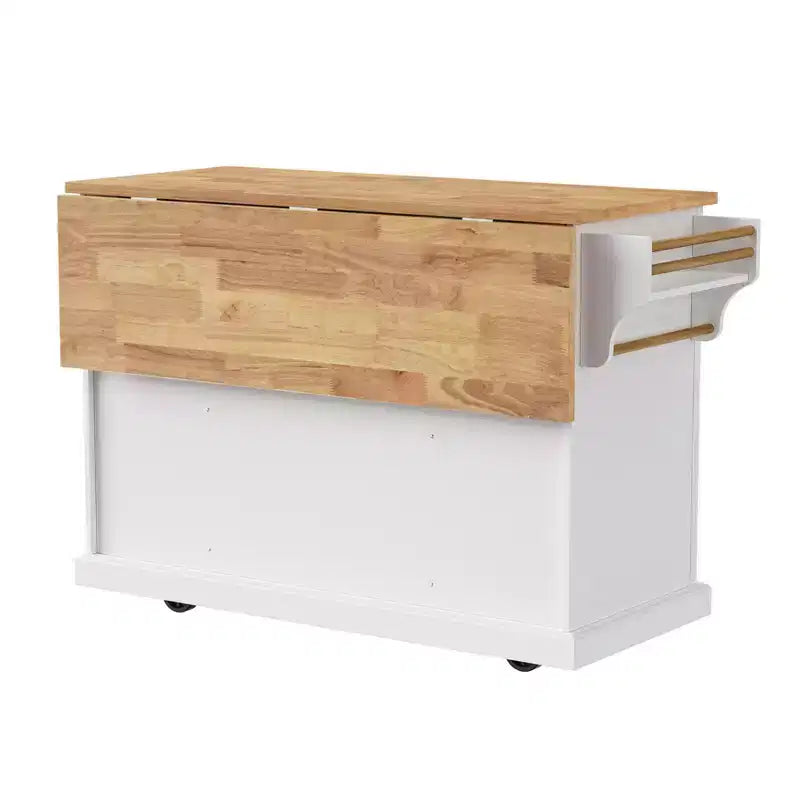 Îlot de cuisine Whisen 54 avec abattant en bois d'hévéa, chariot de cuisine texturé en relief sur roulettes avec rangements multiples