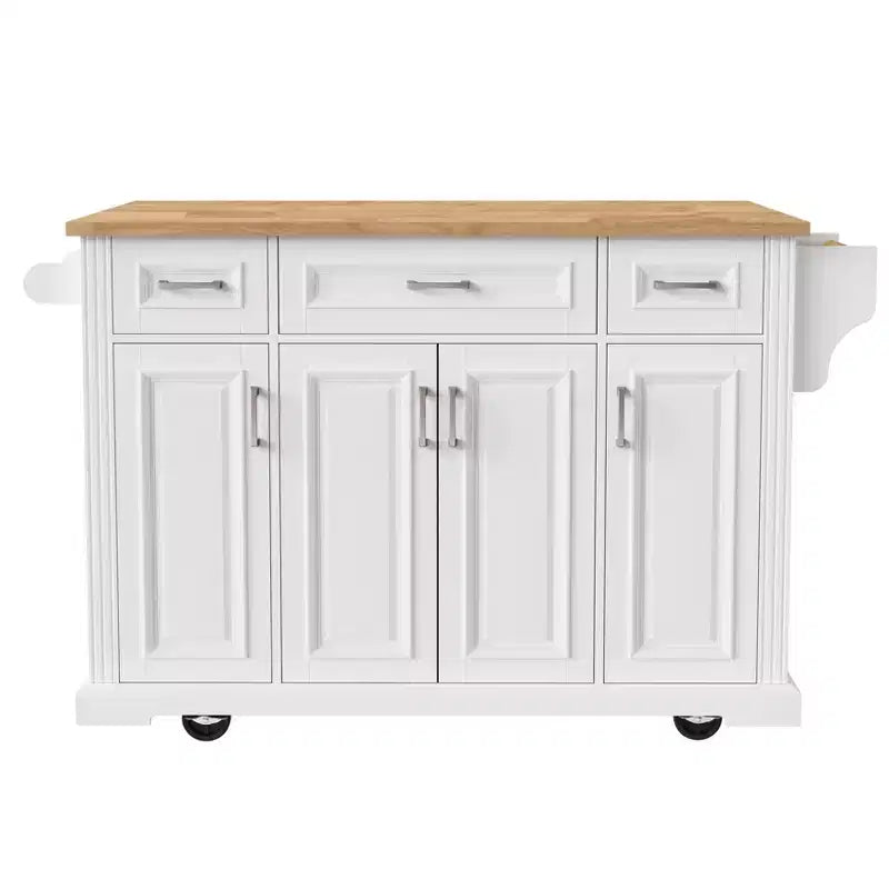 Îlot de cuisine Whisen 54 avec abattant en bois d'hévéa, chariot de cuisine texturé en relief sur roulettes avec rangements multiples