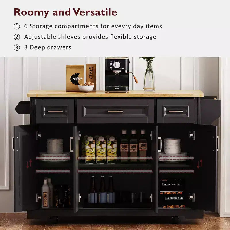 Îlot de cuisine Whisen 54 avec abattant en bois d'hévéa, chariot de cuisine texturé en relief sur roulettes avec rangements multiples