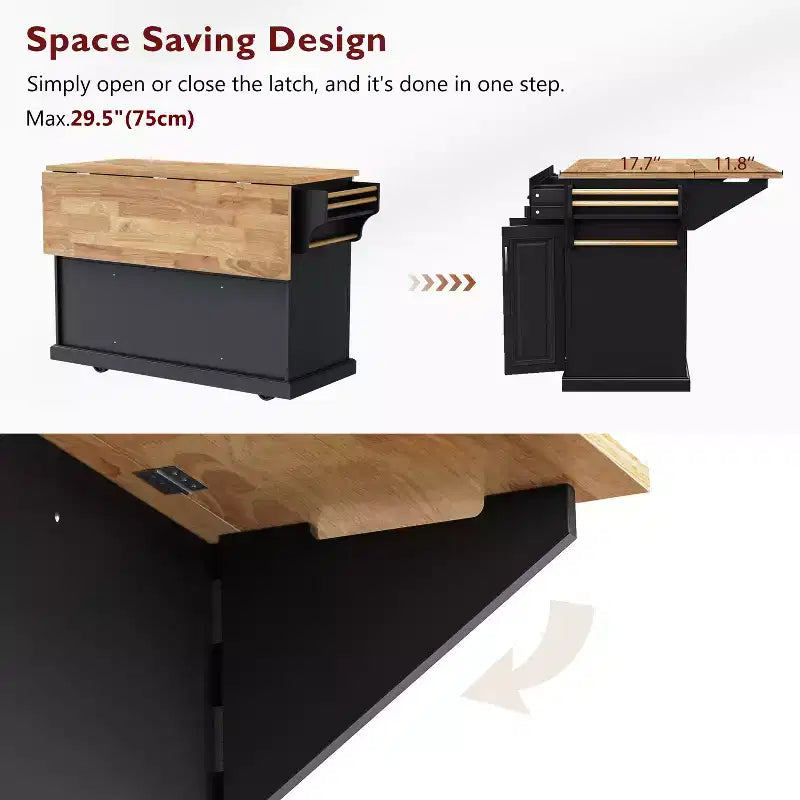 Îlot de cuisine Whisen 54 avec abattant en bois d'hévéa, chariot de cuisine texturé en relief sur roulettes avec rangements multiples