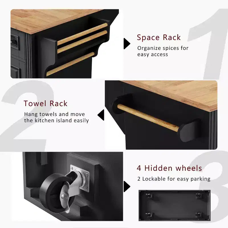Îlot de cuisine Whisen 54 avec abattant en bois d'hévéa, chariot de cuisine texturé en relief sur roulettes avec rangements multiples
