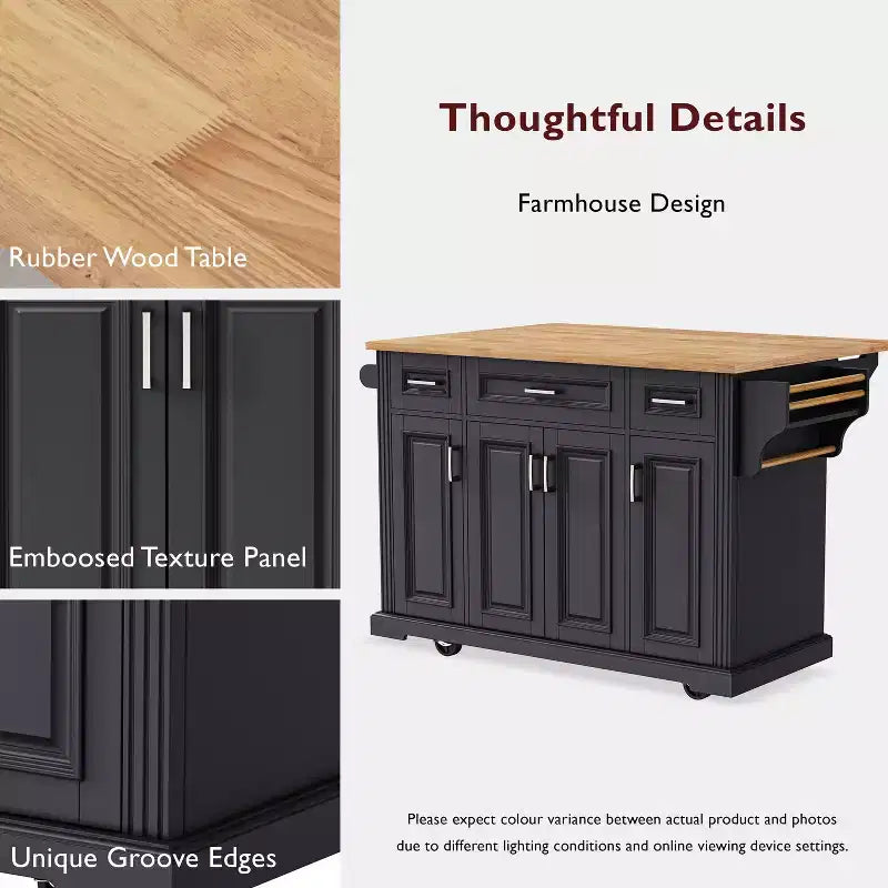 Îlot de cuisine Whisen 54 avec abattant en bois d'hévéa, chariot de cuisine texturé en relief sur roulettes avec rangements multiples