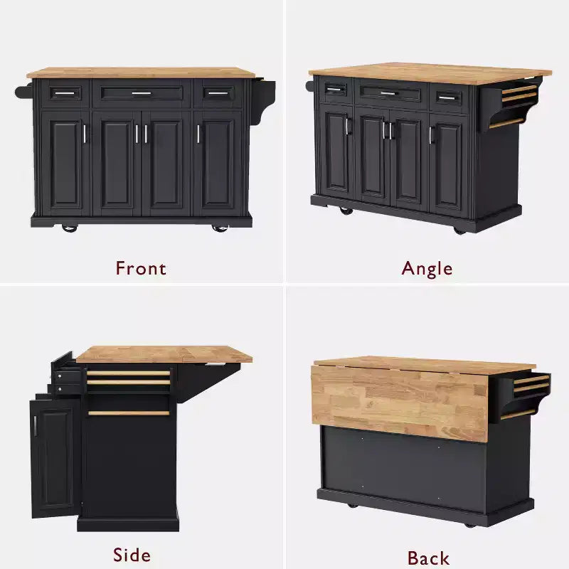 Îlot de cuisine Whisen 54 avec abattant en bois d'hévéa, chariot de cuisine texturé en relief sur roulettes avec rangements multiples