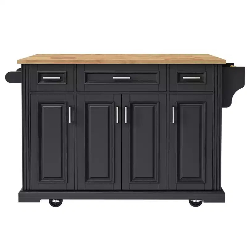 Îlot de cuisine Whisen 54 avec abattant en bois d'hévéa, chariot de cuisine texturé en relief sur roulettes avec rangements multiples