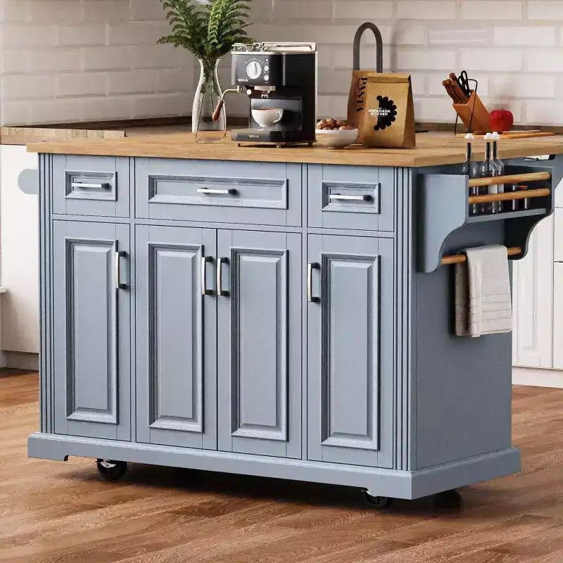 Îlot de cuisine Whisen 54 avec abattant en bois d'hévéa, chariot de cuisine texturé en relief sur roulettes avec rangements multiples