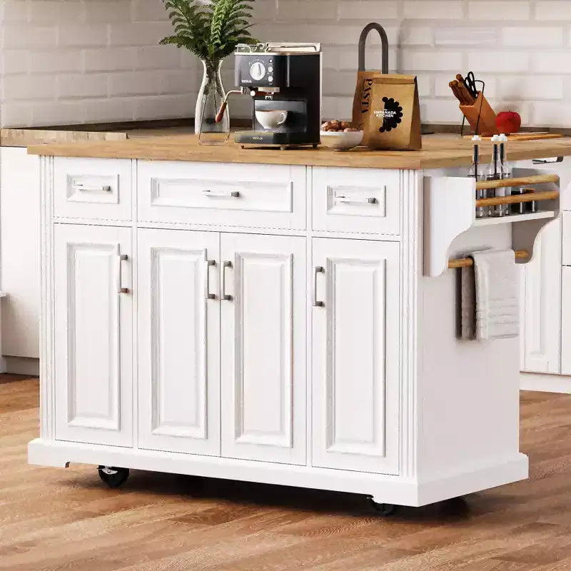 Îlot de cuisine Whisen 54 avec abattant en bois d'hévéa, chariot de cuisine texturé en relief sur roulettes avec rangements multiples