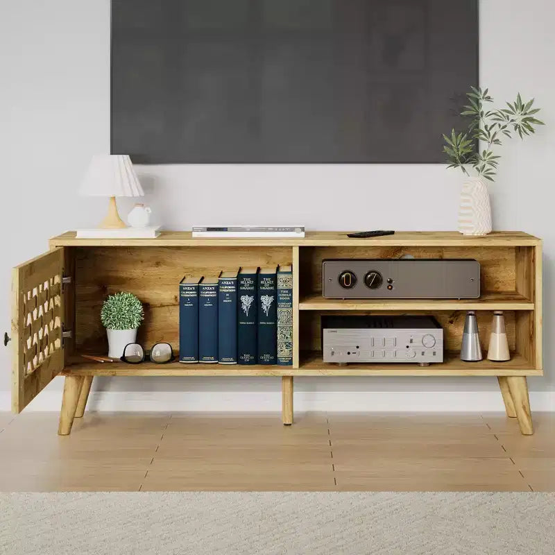 Meuble TV Heynemo avec rangement pour téléviseurs de 55 pouces, meuble TV en bois, meuble TV de style scandinave avec rangement, chambre à coucher, couleur bois naturel