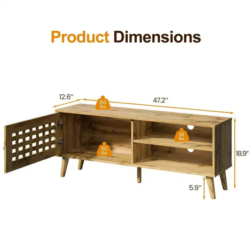 Meuble TV Heynemo avec rangement pour téléviseurs de 55 pouces, meuble TV en bois, meuble TV de style scandinave avec rangement, chambre à coucher, couleur bois naturel