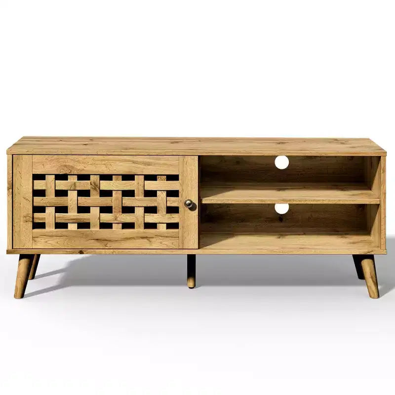 Meuble TV Heynemo avec rangement pour téléviseurs de 55 pouces, meuble TV en bois, meuble TV de style scandinave avec rangement, chambre à coucher, couleur bois naturel