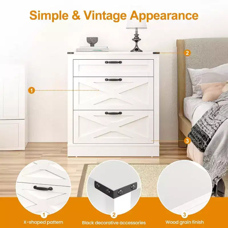 Heynemo Table de chevet large pour chambre à coucher, table de chevet en bois en forme de X avec 3 tiroirs, table d'appoint de style ferme avec tiroirs, table de chevet pour la maison, blanc