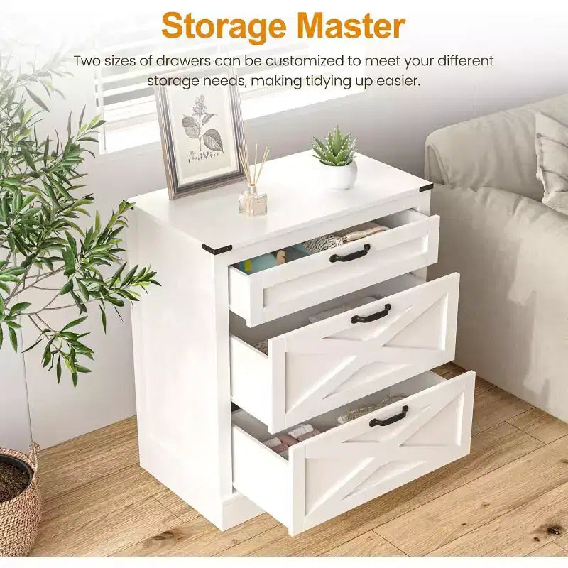 Heynemo Table de chevet large pour chambre à coucher, table de chevet en bois en forme de X avec 3 tiroirs, table d'appoint de style ferme avec tiroirs, table de chevet pour la maison, blanc