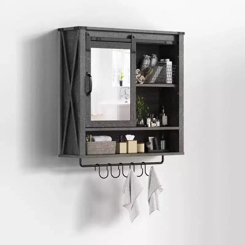 Heynemo Meuble de salle de bain mural, armoire de toilette avec porte, étagères réglables et barres porte-serviettes, gris foncé