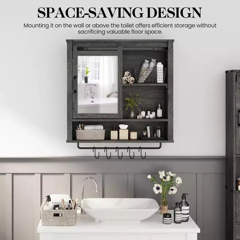 Heynemo Meuble de salle de bain mural, armoire de toilette avec porte, étagères réglables et barres porte-serviettes, gris foncé