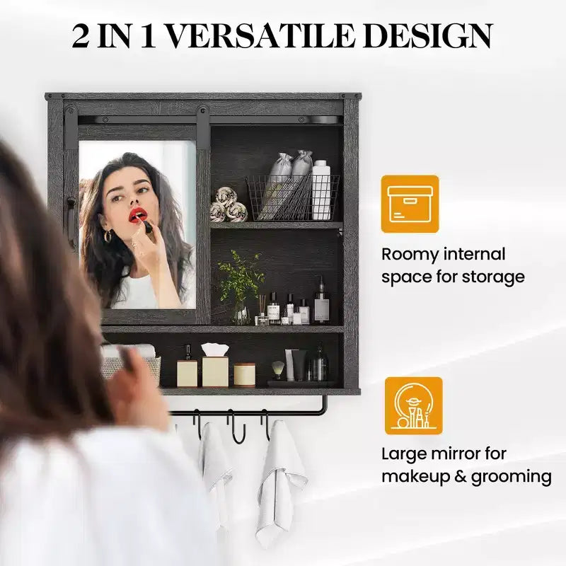 Heynemo Meuble de salle de bain mural, armoire de toilette avec porte, étagères réglables et barres porte-serviettes, gris foncé