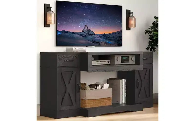 Meuble TV Heynemo pour téléviseurs jusqu'à 75'', console multimédia de style campagnard avec étagères réglables, meuble TV pour salon