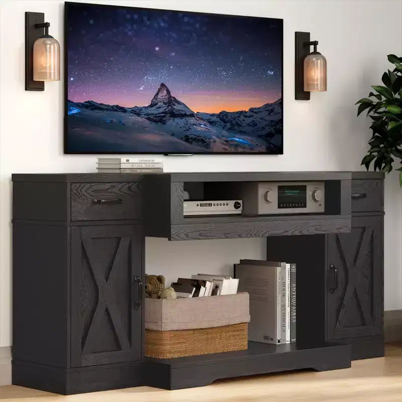 Meuble TV Heynemo pour téléviseurs jusqu'à 75'', console multimédia de style campagnard avec étagères réglables, meuble TV pour salon
