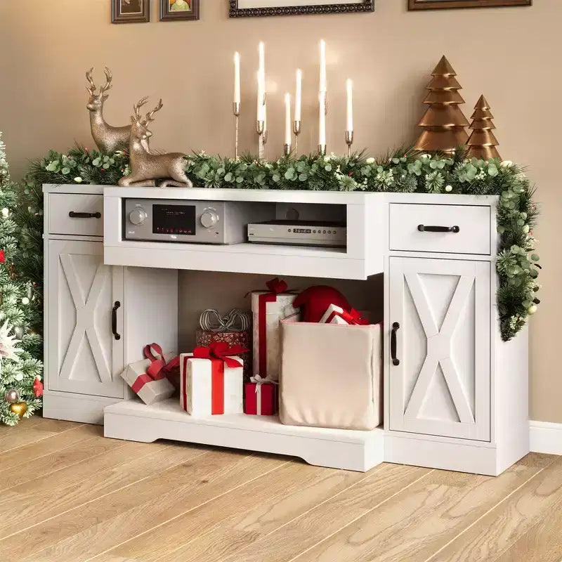 Meuble TV Heynemo pour téléviseurs jusqu'à 75'', console multimédia de style campagnard avec étagères réglables, meuble TV pour salon
