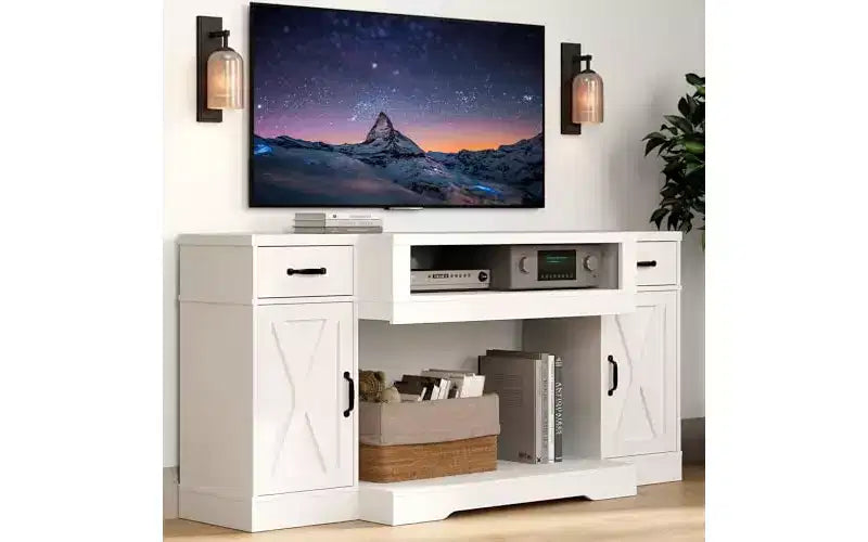Meuble TV Heynemo pour téléviseurs jusqu'à 75'', console multimédia de style campagnard avec étagères réglables, meuble TV pour salon