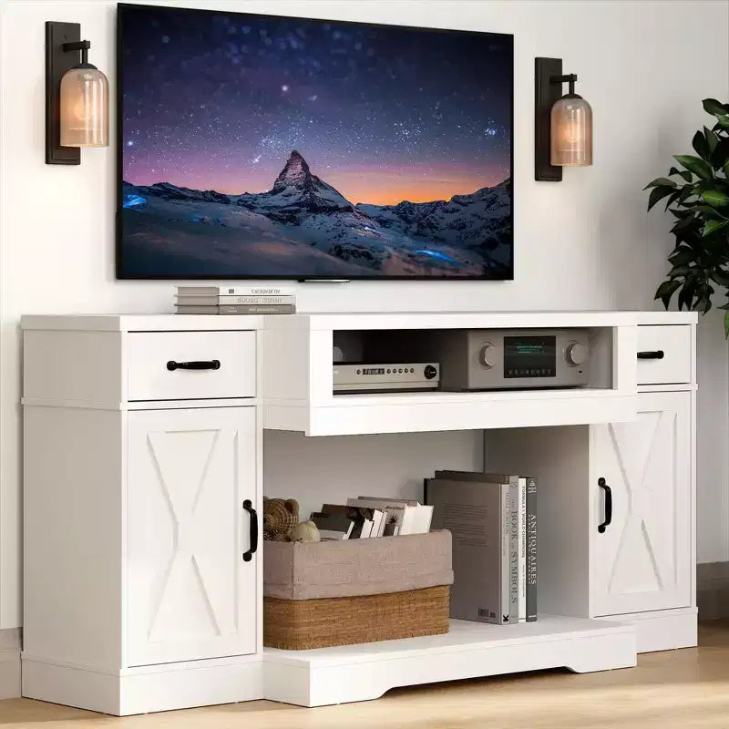 Meuble TV Heynemo pour téléviseurs jusqu'à 75'', console multimédia de style campagnard avec étagères réglables, meuble TV pour salon