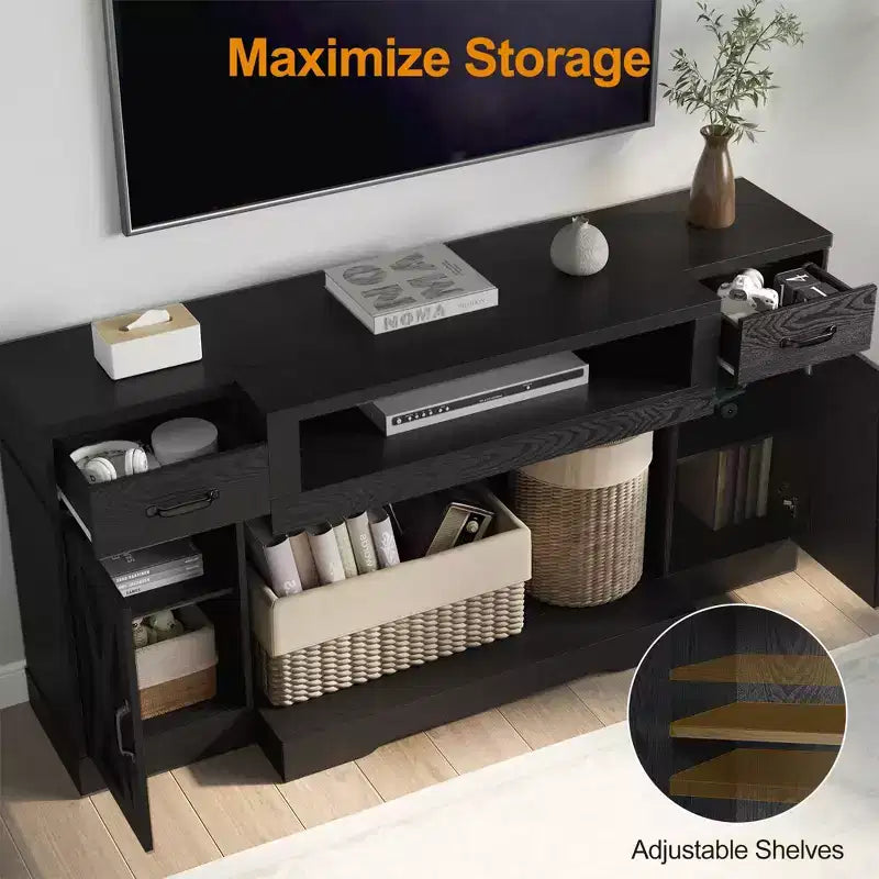 Meuble TV Heynemo pour téléviseurs jusqu'à 75'', console multimédia de style campagnard avec étagères réglables, meuble TV pour salon