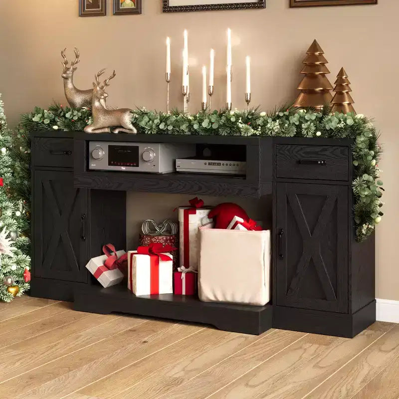 Meuble TV Heynemo pour téléviseurs jusqu'à 75'', console multimédia de style campagnard avec étagères réglables, meuble TV pour salon