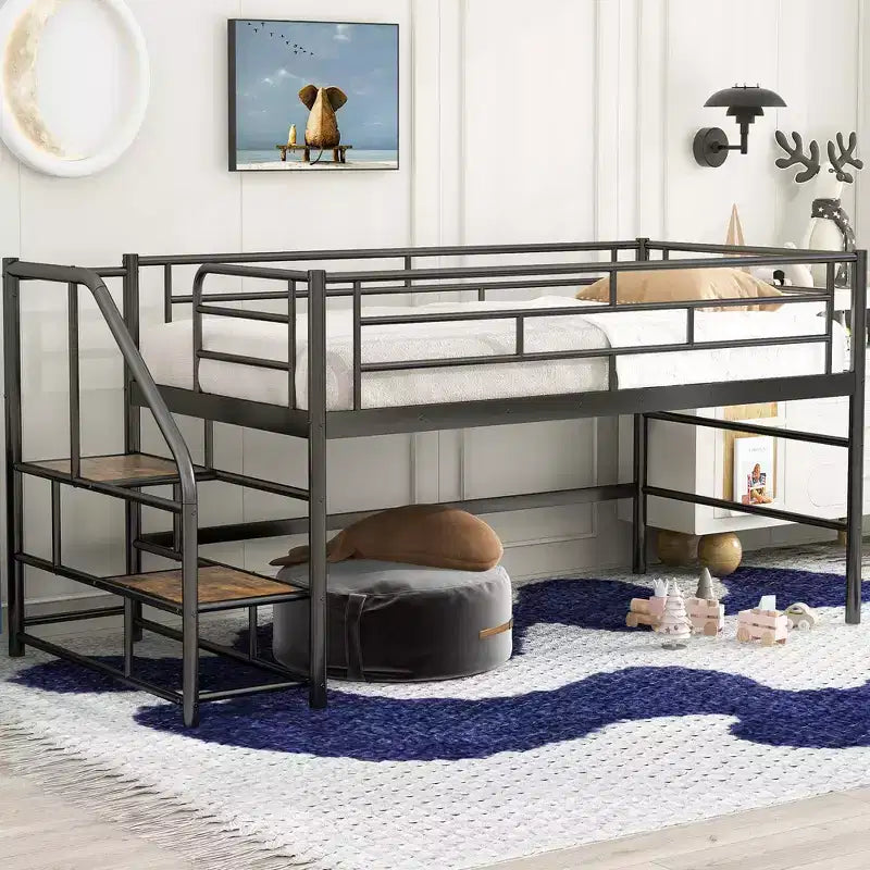 Lit mezzanine mi-hauteur Whisen 88,80''L 41,40''l 39,00''H avec escalier de rangement