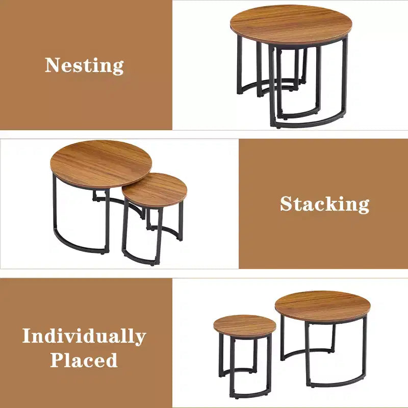 VECELO Tables gigognes basses (lot de 2), tables d'appoint rondes en bois avec pieds antidérapants réglables pour le salon, marron