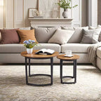 VECELO Tables gigognes basses (lot de 2), tables d'appoint rondes en bois avec pieds antidérapants réglables pour le salon, marron