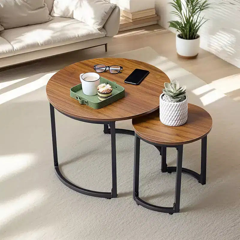 VECELO Tables gigognes basses (lot de 2), tables d'appoint rondes en bois avec pieds antidérapants réglables pour le salon, marron