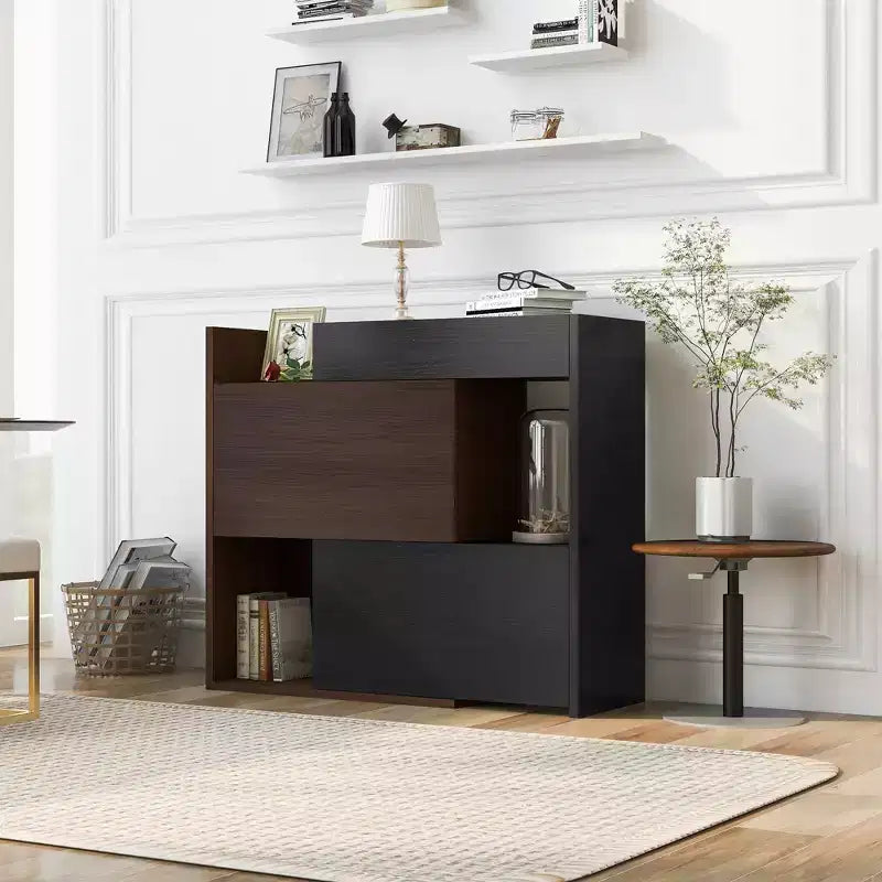 Meuble à chaussures extensible et rotatif de 82,5 cm à 149,3 cm avec tiroir, meuble de rangement d'angle à 90 degrés pour entrée et salon, noir + noyer - ModernLuxe