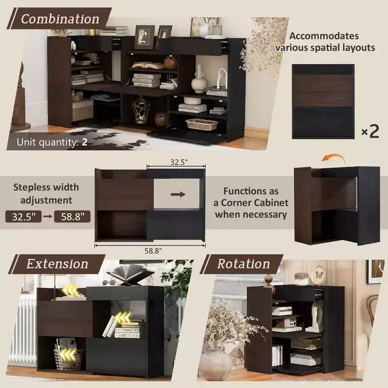 Meuble à chaussures extensible et rotatif de 82,5 cm à 149,3 cm avec tiroir, meuble de rangement d'angle à 90 degrés pour entrée et salon, noir + noyer - ModernLuxe