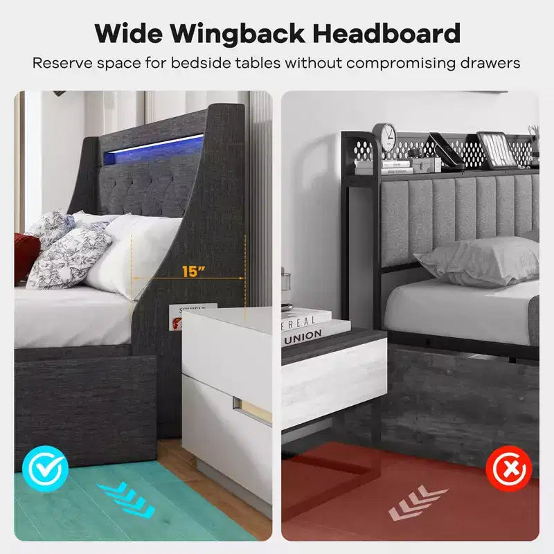 Cadre de lit Costway pour lit double/grand lit avec lumières LED et station de recharge, lit plateforme tapissé